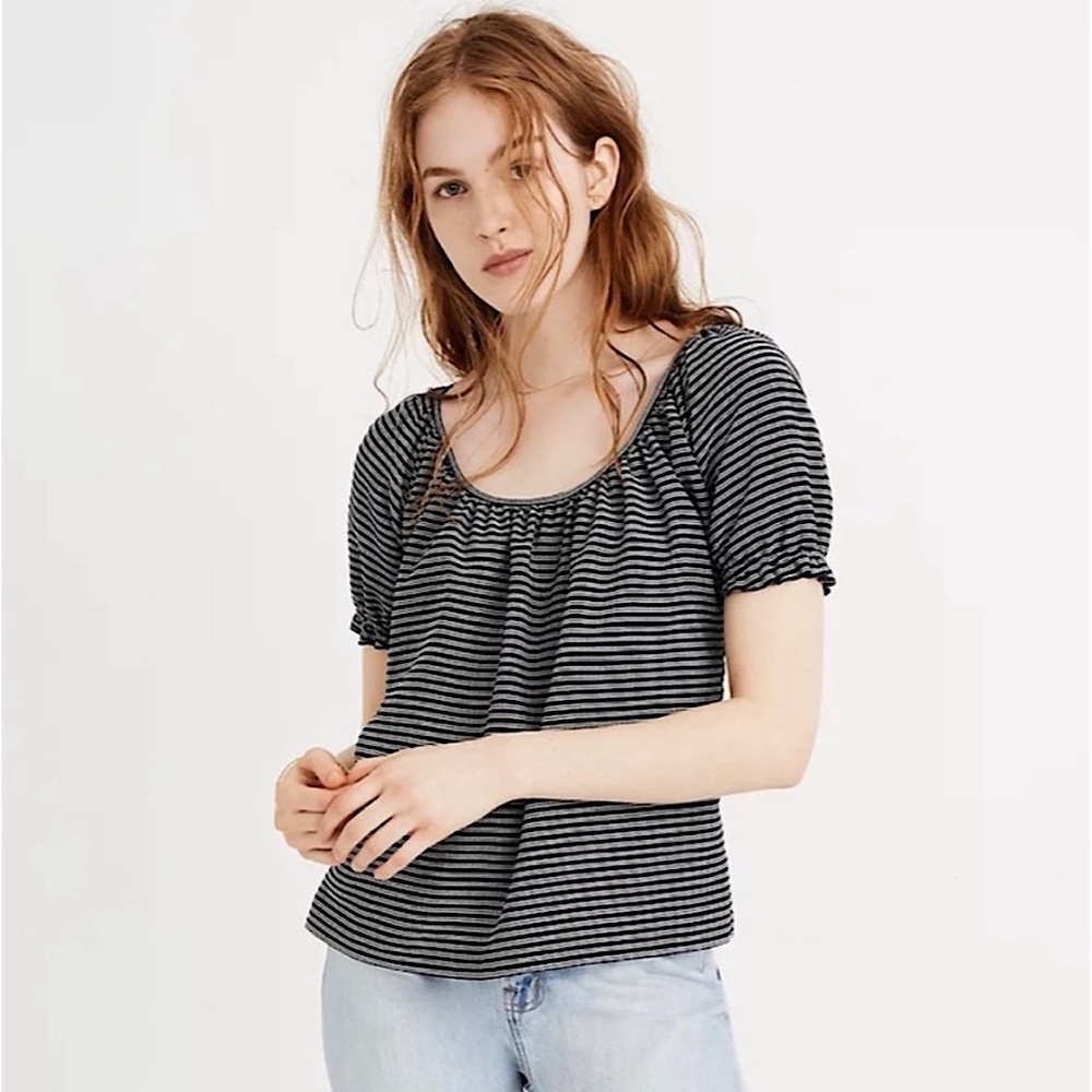 Madewell Texture & Thread Peasant Top Navy White Pinstripe Stripe Blouse